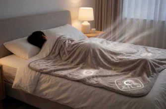A cozy bedroom scene featuring a person peacefully sleeping under a gravity cooling weighted blanket, with soft ambient lighting, a modern minimalist bedroom setting, the blanket slightly draped to show its textured fabric and cooling technology details, subtle steam or cool air effects near the blanket to suggest temperature regulation, no text or logos visible