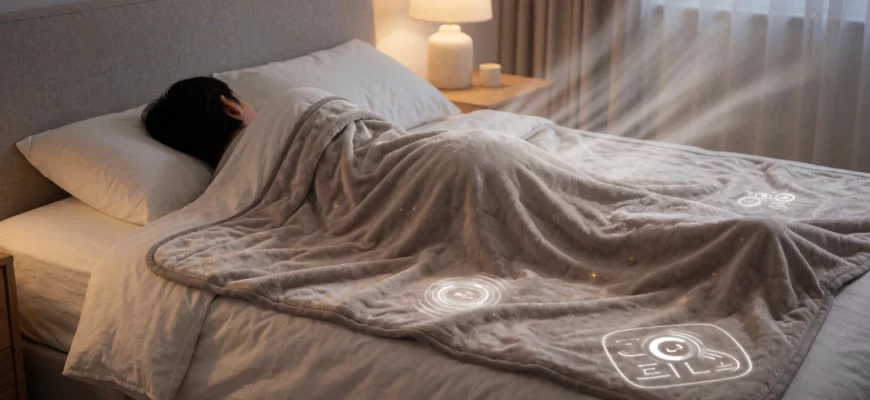 A cozy bedroom scene featuring a person peacefully sleeping under a gravity cooling weighted blanket, with soft ambient lighting, a modern minimalist bedroom setting, the blanket slightly draped to show its textured fabric and cooling technology details, subtle steam or cool air effects near the blanket to suggest temperature regulation, no text or logos visible