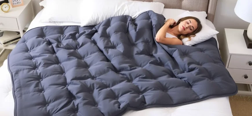 A cozy bedroom scene featuring a neatly made bed with a Zonli weighted blanket cover draped over it, showcasing its soft texture and even weight distribution, alongside a person comfortably resting under the blanket, highlighting relaxation and comfort