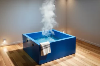 A modern blue cube-shaped cold plunge tub placed in a minimalist home gym or wellness space, with steam rising slightly from the water, surrounded by natural wood flooring, soft ambient lighting, and a folded towel nearby — conveying luxury recovery and wellness investment