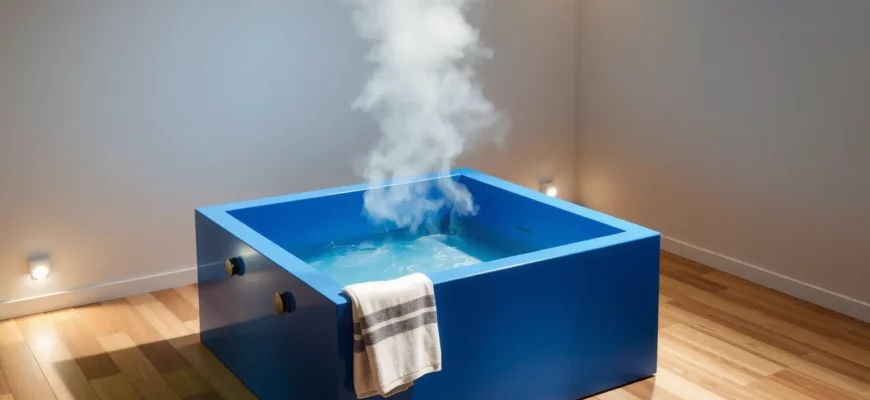 A modern blue cube-shaped cold plunge tub placed in a minimalist home gym or wellness space, with steam rising slightly from the water, surrounded by natural wood flooring, soft ambient lighting, and a folded towel nearby — conveying luxury recovery and wellness investment
