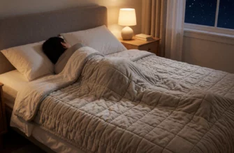 A cozy bedroom scene featuring a person peacefully sleeping under a soft, textured weighted blanket on a neatly made bed, with warm ambient lighting, a nightstand with a small lamp and a book, and a window showing a dark starry sky to suggest restful sleep; the blanket should have visible gentle pressure and fabric weave details, emphasizing comfort and relaxation