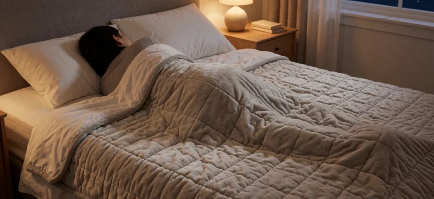 A cozy bedroom scene featuring a person peacefully sleeping under a soft, textured weighted blanket on a neatly made bed, with warm ambient lighting, a nightstand with a small lamp and a book, and a window showing a dark starry sky to suggest restful sleep; the blanket should have visible gentle pressure and fabric weave details, emphasizing comfort and relaxation