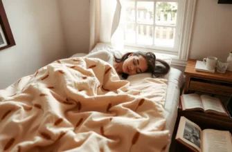 A cozy bedroom scene featuring a person sleeping peacefully under a soft, textured weighted blanket with subtle rural patterns (like wheat stalks or barn wood texture) in muted earth tones, natural morning light filtering through a window, a wooden nightstand with a ceramic mug and open book nearby, warm and inviting atmosphere