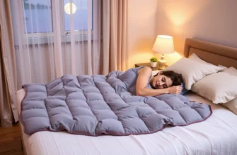 A cozy bedroom scene showing a person peacefully sleeping under a soft, evenly distributed weighted blanket on a neatly made bed with neutral-toned linens, warm ambient lighting from a bedside lamp, a small potted plant on the nightstand, and a window with sheer curtains letting in gentle moonlight — emphasizing comfort, relaxation, and the calming effect of deep pressure stimulation