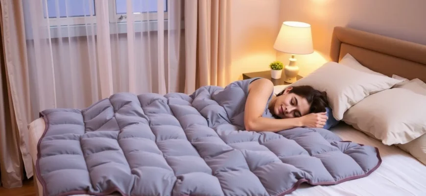 A cozy bedroom scene showing a person peacefully sleeping under a soft, evenly distributed weighted blanket on a neatly made bed with neutral-toned linens, warm ambient lighting from a bedside lamp, a small potted plant on the nightstand, and a window with sheer curtains letting in gentle moonlight — emphasizing comfort, relaxation, and the calming effect of deep pressure stimulation