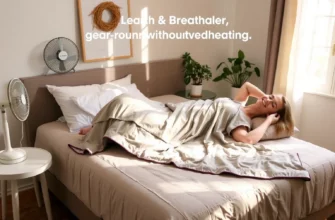 A cozy bedroom scene of a person relaxing on a bed with a lightweight, breathable weighted blanket draped over them, surrounded by seasonal elements like a small fan, a potted plant, and soft sunlight filtering through a window, suggesting year-round comfort without overheating