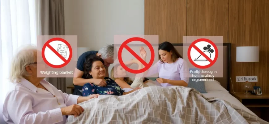A serene bedroom scene showing a diverse group of people—elderly individuals, children, pregnant women, and those with certain medical conditions—clearly avoiding the use of a weighted blanket, with subtle visual cues like warning signs or crossed-out symbols indicating why they should not use it, all rendered in a clean, realistic style