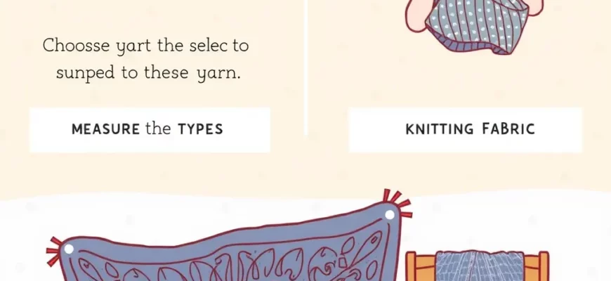 A detailed infographic-style illustration showing a person selecting and crafting a knitted weighted blanket, with clear visual steps: choosing yarn types, measuring fabric, knitting techniques, adding weighted pockets, and final product display, all in a clean, organized layout with labeled sections and warm, inviting colors