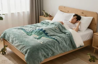 A cozy bedroom scene featuring a large dinosaur-themed weighted blanket draped over a bed, with a child sleeping peacefully underneath, surrounded by dinosaur toys and soft lighting