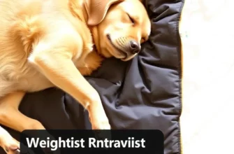 A golden retriever peacefully sleeping on a cozy weighted blanket designed for dogs, with a scientific diagram overlay showing weight distribution and calming benefits, soft natural lighting, clean background