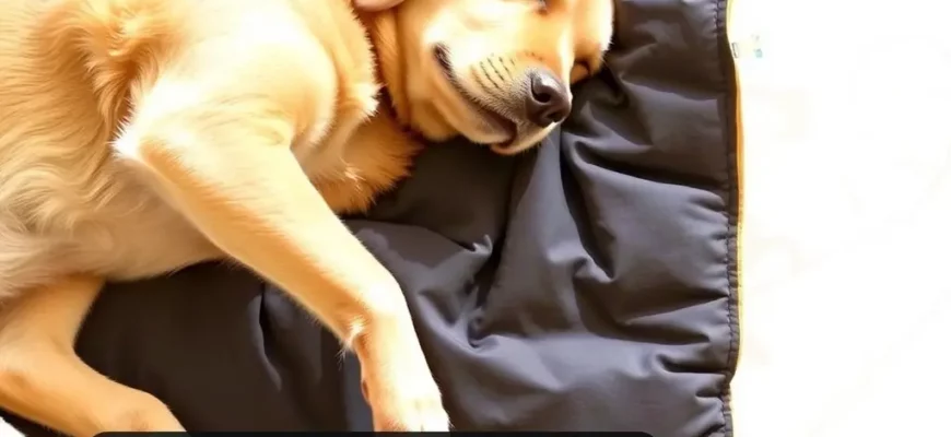 A golden retriever peacefully sleeping on a cozy weighted blanket designed for dogs, with a scientific diagram overlay showing weight distribution and calming benefits, soft natural lighting, clean background
