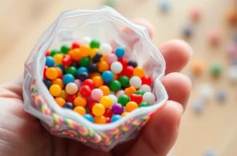 A close-up of a hand holding a small pouch filled with colorful poly beads and filler material, showing the texture and variety of the beads, with a soft focus background