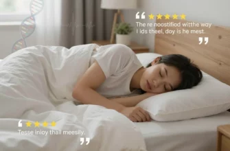 A person sleeping peacefully on a bed with a weighted blanket draped over them, showing relaxed body posture and calm facial expression, soft bedroom lighting, scientific elements like DNA helix or brain waves subtly integrated in background, real review quotes floating as text elements, warm and inviting atmosphere