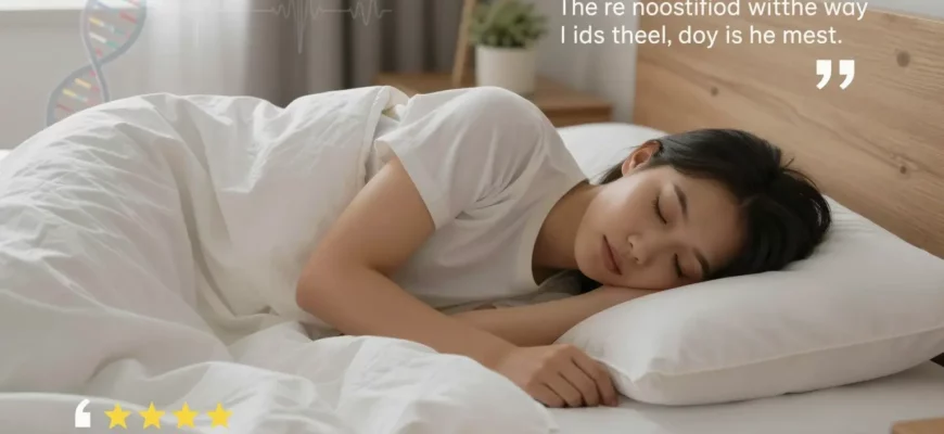 A person sleeping peacefully on a bed with a weighted blanket draped over them, showing relaxed body posture and calm facial expression, soft bedroom lighting, scientific elements like DNA helix or brain waves subtly integrated in background, real review quotes floating as text elements, warm and inviting atmosphere