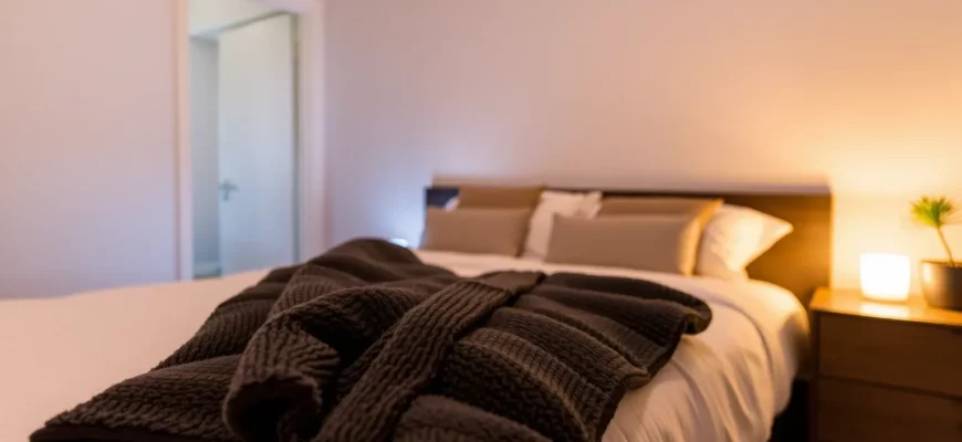 A cozy bedroom scene featuring a neatly made bed with a plush weighted blanket draped over it, soft ambient lighting, and a relaxed atmosphere, emphasizing comfort and tranquility