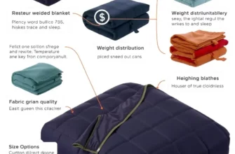 A detailed infographic-style illustration showing various types of heated weighted blankets arranged neatly, with labels highlighting key features like temperature control, weight distribution, fabric quality, and size options, all presented in a clean, modern layout with a king-sized blanket prominently displayed in the center