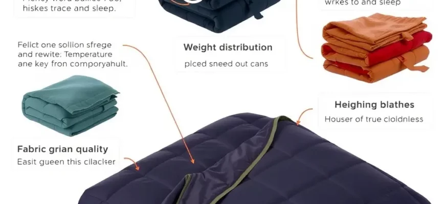 A detailed infographic-style illustration showing various types of heated weighted blankets arranged neatly, with labels highlighting key features like temperature control, weight distribution, fabric quality, and size options, all presented in a clean, modern layout with a king-sized blanket prominently displayed in the center