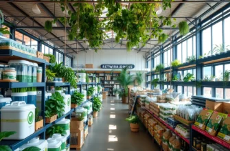 A spacious, eco-friendly warehouse interior filled with sustainable goods, featuring rows of reusable containers, biodegradable packaging, and lush indoor plants integrated into the shelving. The space is illuminated by natural light streaming through large windows, with a subtle green canopy overhead. The overall atmosphere conveys a sense of rewilding and sustainability, with a focus on natural materials and eco-conscious design.