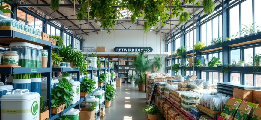 A spacious, eco-friendly warehouse interior filled with sustainable goods, featuring rows of reusable containers, biodegradable packaging, and lush indoor plants integrated into the shelving. The space is illuminated by natural light streaming through large windows, with a subtle green canopy overhead. The overall atmosphere conveys a sense of rewilding and sustainability, with a focus on natural materials and eco-conscious design.