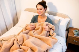 A cozy bedroom scene showing a person sitting on a bed holding a weighted blanket, with soft lighting, warm neutral tones, and a relaxed expression; the blanket is visibly textured and slightly draped over their lap, suggesting comfort and calm, with a nightstand nearby holding a mug and a book, evoking a peaceful, restful atmosphere