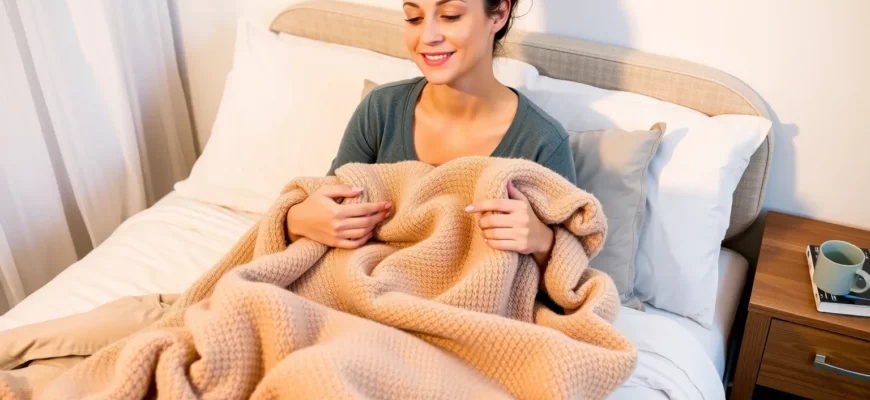 A cozy bedroom scene showing a person sitting on a bed holding a weighted blanket, with soft lighting, warm neutral tones, and a relaxed expression; the blanket is visibly textured and slightly draped over their lap, suggesting comfort and calm, with a nightstand nearby holding a mug and a book, evoking a peaceful, restful atmosphere
