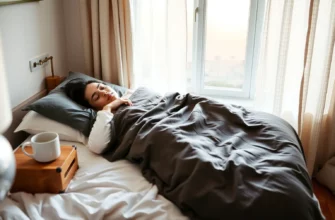 A cozy bedroom scene featuring a person peacefully sleeping under a sustainable weighted blanket made of organic cotton and natural fill, with soft ambient lighting, a wooden nightstand holding a ceramic mug and a small potted plant, and a window showing a calm morning sky with gentle sunlight filtering through linen curtains