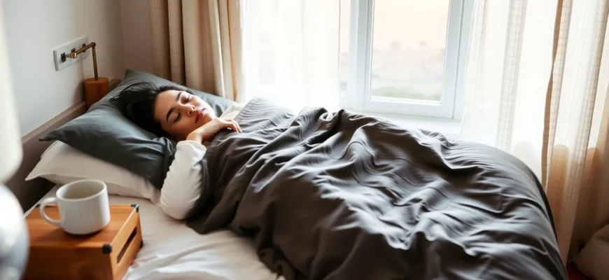 A cozy bedroom scene featuring a person peacefully sleeping under a sustainable weighted blanket made of organic cotton and natural fill, with soft ambient lighting, a wooden nightstand holding a ceramic mug and a small potted plant, and a window showing a calm morning sky with gentle sunlight filtering through linen curtains