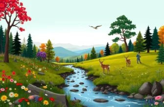 A vibrant, detailed illustration of a rewilding project in progress: diverse native trees being planted by volunteers, wildflowers blooming in restored meadows, deer and birds returning to the landscape, a clear stream flowing through the area, with distant hills under a soft blue sky, emphasizing ecological renewal and community effort