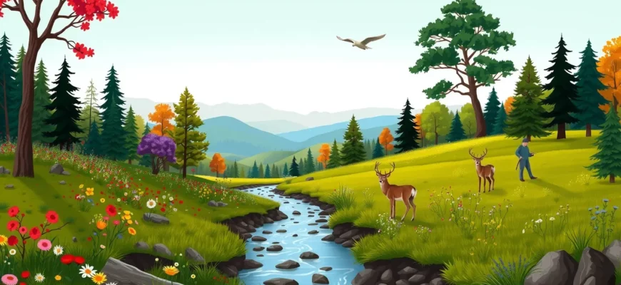 A vibrant, detailed illustration of a rewilding project in progress: diverse native trees being planted by volunteers, wildflowers blooming in restored meadows, deer and birds returning to the landscape, a clear stream flowing through the area, with distant hills under a soft blue sky, emphasizing ecological renewal and community effort