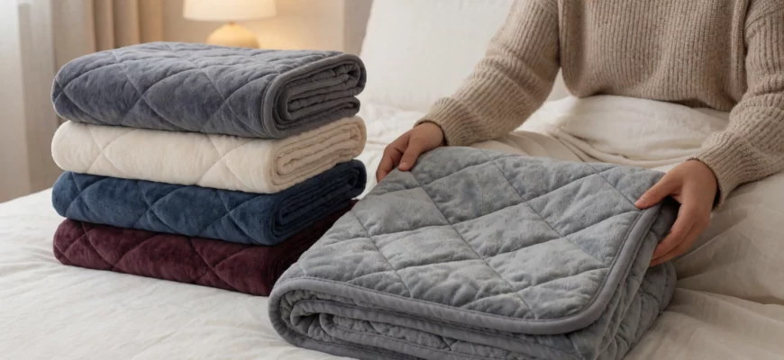 A clean, modern illustration of a person selecting a weighted blanket on a cozy bed, with multiple weighted blankets of different weights and colors neatly folded beside them, soft ambient lighting, minimalist bedroom background, focus on comfort and decision-making, no text or labels visible