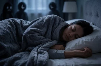 A person sleeping under a heavy weighted blanket, showing signs of distress with tense facial expression and restless limbs, in a dimly lit bedroom at night, with subtle visual hints of anxiety like shadowy figures or distorted clock shapes in the background to suggest nightmares and poor sleep quality