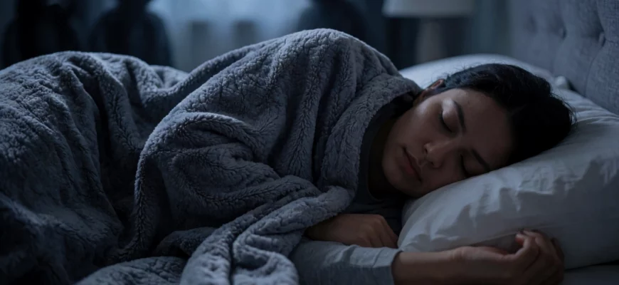 A person sleeping under a heavy weighted blanket, showing signs of distress with tense facial expression and restless limbs, in a dimly lit bedroom at night, with subtle visual hints of anxiety like shadowy figures or distorted clock shapes in the background to suggest nightmares and poor sleep quality