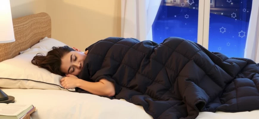 A cozy bedroom scene showing a person peacefully sleeping under a weighted blanket, with soft ambient lighting, a nightstand with a lamp and a book, and a window showing a dark starry sky outside. The blanket is slightly pulled up to the chest, emphasizing its gentle pressure and comfort. The atmosphere is calm, warm, and inviting, highlighting the soothing effect of the blanket.