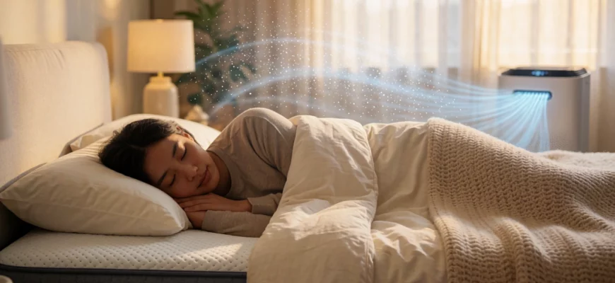 A peaceful bedroom scene showing a person sleeping soundly on a hypoallergenic mattress with soft, breathable bedding, surrounded by clean air and subtle symbols of allergen reduction like floating dust particles being filtered by an air purifier in the background, warm morning light filtering through sheer curtains, no visible pets or pollen, serene and healthy atmosphere