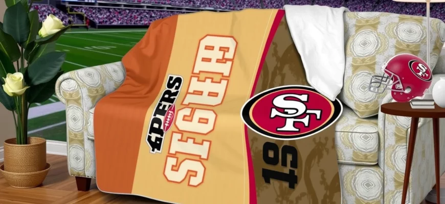 A cozy living room scene featuring a 49ers-themed weighted blanket draped over a plush sofa, with subtle hints of a football stadium in the background, a 49ers football helmet resting on a side table, and a warm, inviting atmosphere that conveys comfort and fandom