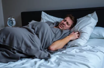 A person in a bedroom, lying on a bed with a weighted blanket draped over them, looking uncomfortable or in pain as they try to get up, with a bedside clock showing early morning time, the blanket appears heavy and slightly uneven, the room is dimly lit to emphasize the morning light, no text or symbols