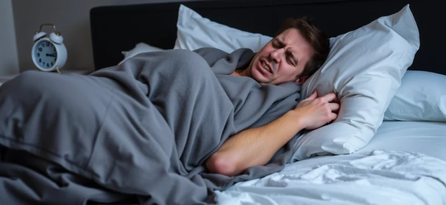 A person in a bedroom, lying on a bed with a weighted blanket draped over them, looking uncomfortable or in pain as they try to get up, with a bedside clock showing early morning time, the blanket appears heavy and slightly uneven, the room is dimly lit to emphasize the morning light, no text or symbols