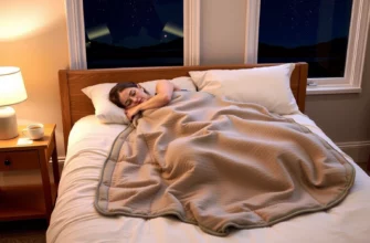 A cozy bedroom scene featuring a person peacefully sleeping under a weighted blanket on a neatly made bed, with soft ambient lighting, a nightstand with a lamp and a cup of tea nearby, and a window showing a calm night sky with stars; the weighted blanket has a subtle textured weave and is slightly draped over the edge of the bed, emphasizing comfort and relaxation