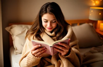 A teenage girl in a cozy bedroom, wrapped in a soft weighted blanket, reading a book or scrolling a phone, with warm lighting and a relaxed, comfortable atmosphere