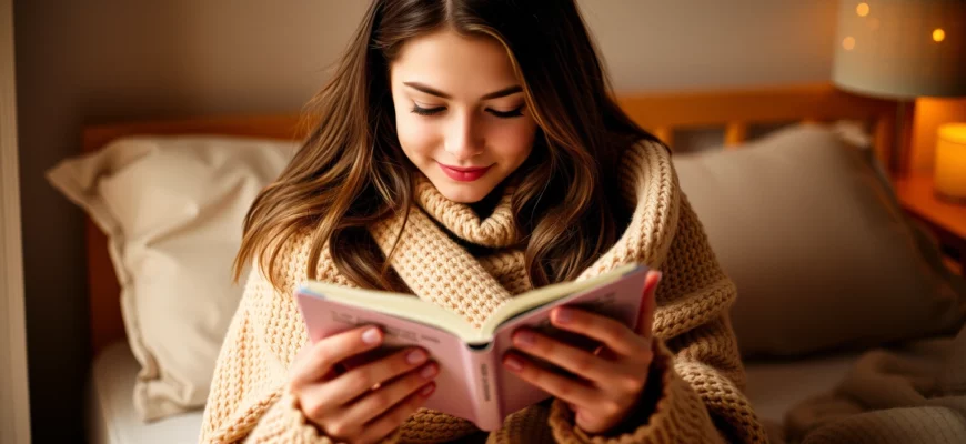 A teenage girl in a cozy bedroom, wrapped in a soft weighted blanket, reading a book or scrolling a phone, with warm lighting and a relaxed, comfortable atmosphere