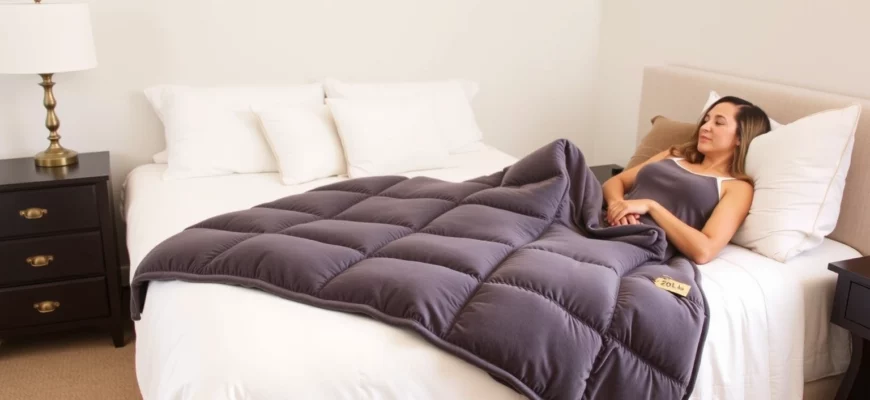 A cozy bedroom scene featuring a 20 lb weighted blanket draped over a comfortable bed, with a relaxed adult sitting on the edge of the bed, looking at the blanket. The blanket should appear plush, inviting, and clearly labeled with a subtle 20 lb tag. The room should have soft lighting and a calm atmosphere.
