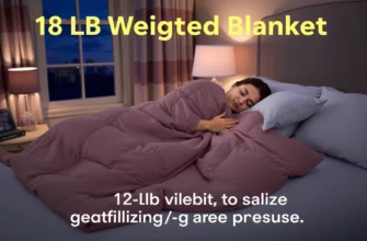 A cozy bedroom scene showing a person sleeping peacefully under a 12 lb weighted blanket on a bed, with soft ambient lighting, a nightstand with a lamp and a book nearby, and a window showing a dark sky to suggest nighttime. The blanket is visibly draped and conforming to the body, emphasizing gentle pressure and comfort.