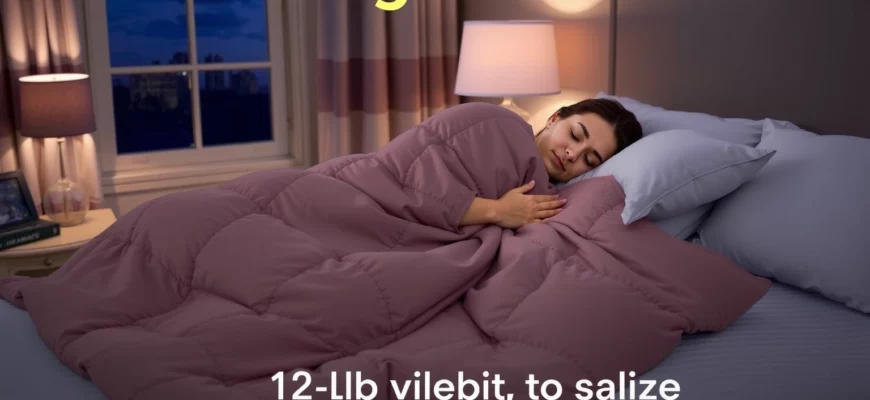 A cozy bedroom scene showing a person sleeping peacefully under a 12 lb weighted blanket on a bed, with soft ambient lighting, a nightstand with a lamp and a book nearby, and a window showing a dark sky to suggest nighttime. The blanket is visibly draped and conforming to the body, emphasizing gentle pressure and comfort.