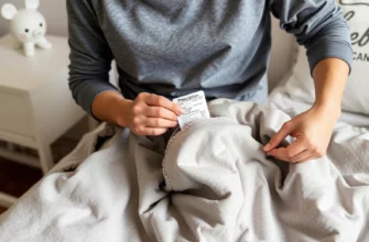 A person carefully placing a prescription label on a weighted blanket, showing secure fastening, with a calm bedroom setting, soft lighting, and a close-up of the blanket's fabric texture