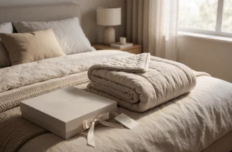 A cozy bedroom scene featuring a neatly folded weighted blanket on a modern bed with soft neutral bedding, surrounded by minimalist packaging elements like a sleek box with subtle texture, a ribbon tie, and a small tag with a calming icon (e.g., a moon or wave), soft natural light from a nearby window casting gentle shadows, warm and inviting atmosphere, no text or logos visible