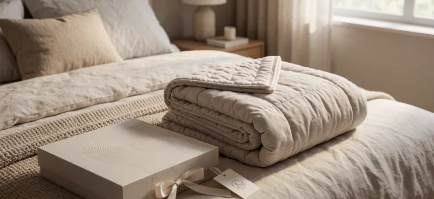A cozy bedroom scene featuring a neatly folded weighted blanket on a modern bed with soft neutral bedding, surrounded by minimalist packaging elements like a sleek box with subtle texture, a ribbon tie, and a small tag with a calming icon (e.g., a moon or wave), soft natural light from a nearby window casting gentle shadows, warm and inviting atmosphere, no text or logos visible