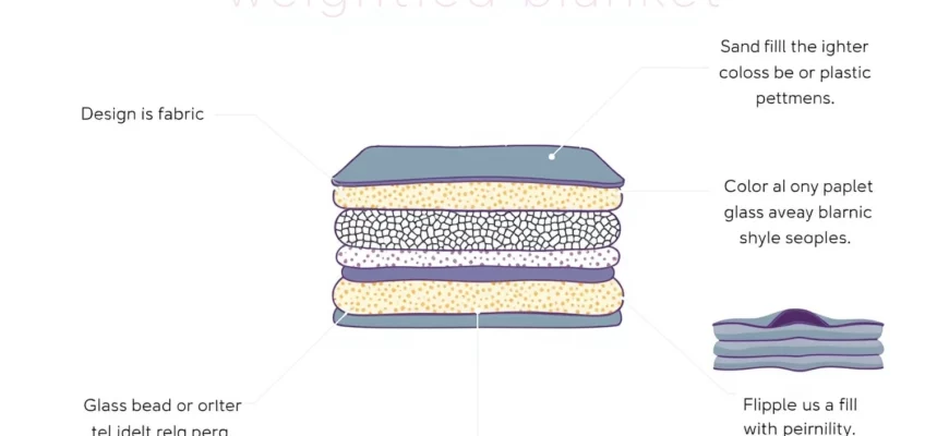 A detailed infographic-style illustration showing the components of a sand-filled weighted blanket, including layers of fabric, glass beads or plastic pellets, and stitching details, with clear labels and a clean, organized layout on a light background