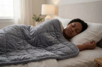 A person lying in bed under a weighted blanket, showing signs of discomfort such as a grimacing facial expression and tense muscles, with soft lighting and a calm bedroom setting to contrast the physical strain, emphasizing the contrast between the intended comfort of the blanket and the actual pain experienced