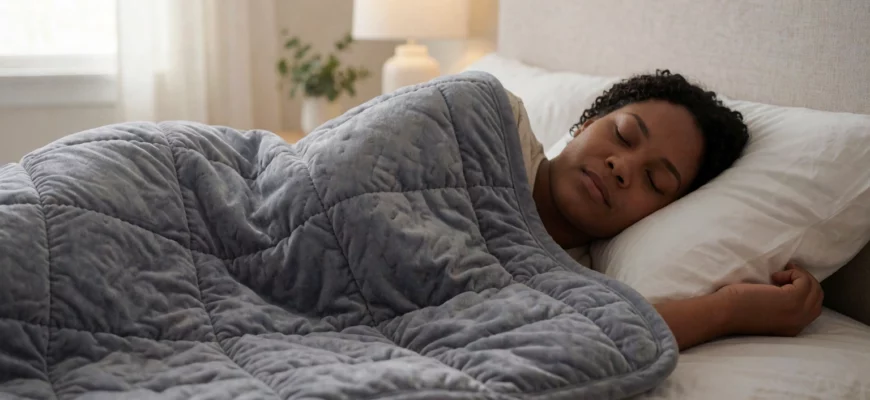 A person lying in bed under a weighted blanket, showing signs of discomfort such as a grimacing facial expression and tense muscles, with soft lighting and a calm bedroom setting to contrast the physical strain, emphasizing the contrast between the intended comfort of the blanket and the actual pain experienced